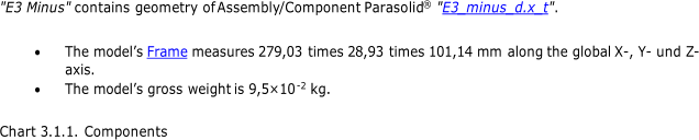 "E3 Minus"  contains geometry of  Assembly / Component Parasolid ® " E3_minus_d.x_t " .  The model’s Frame m easures 279,03  times 28,93  times 101,14 mm  along the global X - , Y - und Z - axis .  The model’s gross weight is 9,5×10 - 2 kg. Chart 3.1.1.  Components