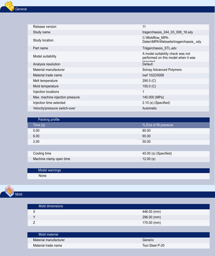 General Release version 11 Study name tragerchassis_244_03_008_16.sdy Study location C:\Moldflow_MPA-Daten\MPA\Webseite\tragerchassis_.sdy Part name Trägerchassis_STL.adv Model suitability A model suitability check was not performed on this model when it was imported. Analysis resolution Default Material manufacturer Solvay Advanced Polymers Material trade name Ixef 1022/0008 Melt temperature 290.0 (C) Mold temperature 155.0 (C) Injection locations 1 Max. machine injection pressure 140.000 (MPa) Injection time selected 2.10 (s) (Specified) Velocity/pressure switch-over Automatic Packing profile Time (s) % End of fill pressure 0.00 80.00 6.00 65.00 2.00 50.00 Cooling time 45.00 (s) (Specified) Machine clamp open time 12.00 (s)  Model warnings None Mold Mold dimensions X 446.00 (mm) Y 296.00 (mm) Z 170.00 (mm) Mold material Material manufacturer Generic Material trade name Tool Steel P-20